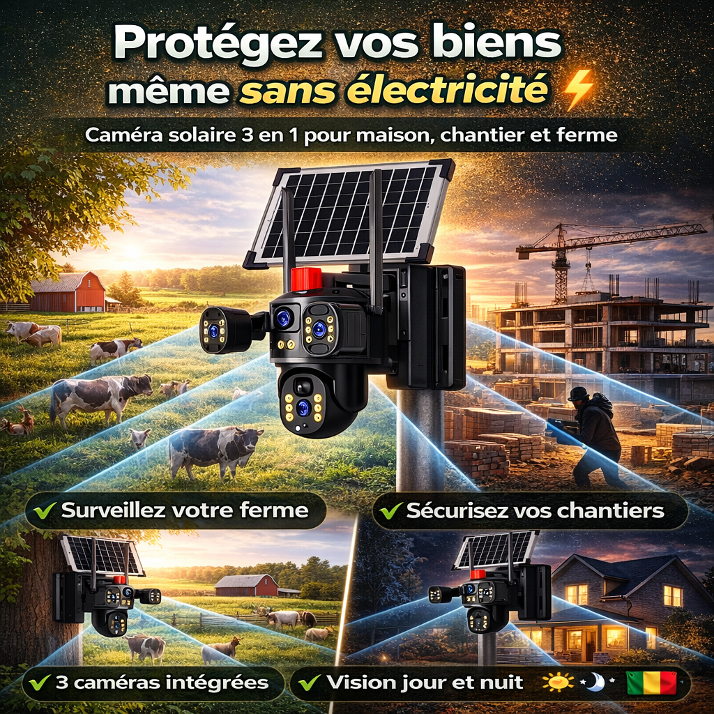 Caméra de Surveillance Solaire Sans Fil 3 en 1 – Caméra Intelligente Extérieure avec Vision Nocturne et Contrôle à Distance